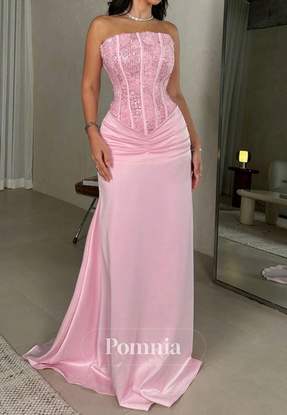 Blushing Pink Sleeveless Strapless Sequins A-Line Prom Dress