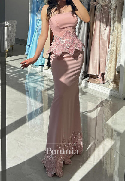 Blushing Pink Sleeveless Strapless Sequins Floor-Length Prom Dress