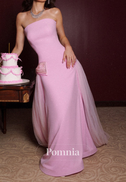 Blushing Pink Sleeveless Strapless Sweep Train Prom Dress