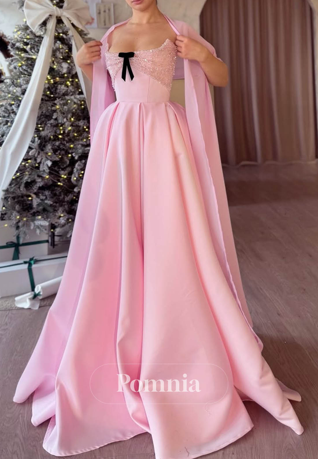 Blushing Pink Sleevelss Strapless Cape Empire-Waist Prom Dress
