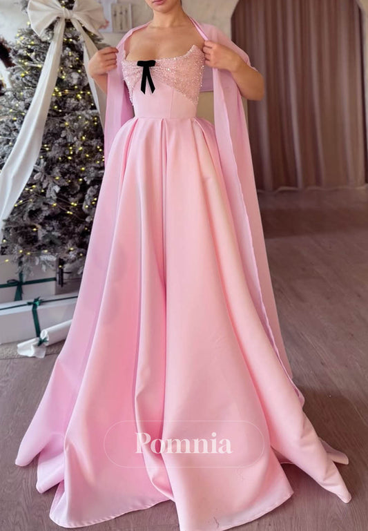 Blushing Pink Sleevelss Strapless Cape Empire-Waist Prom Dress