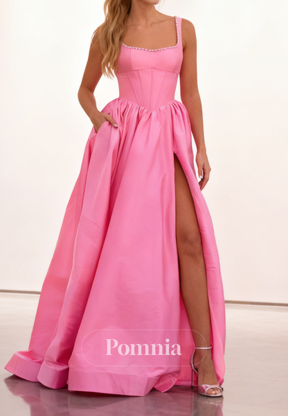 Blushing Pink Spaghetti Straps Scoop Slit Prom Dress