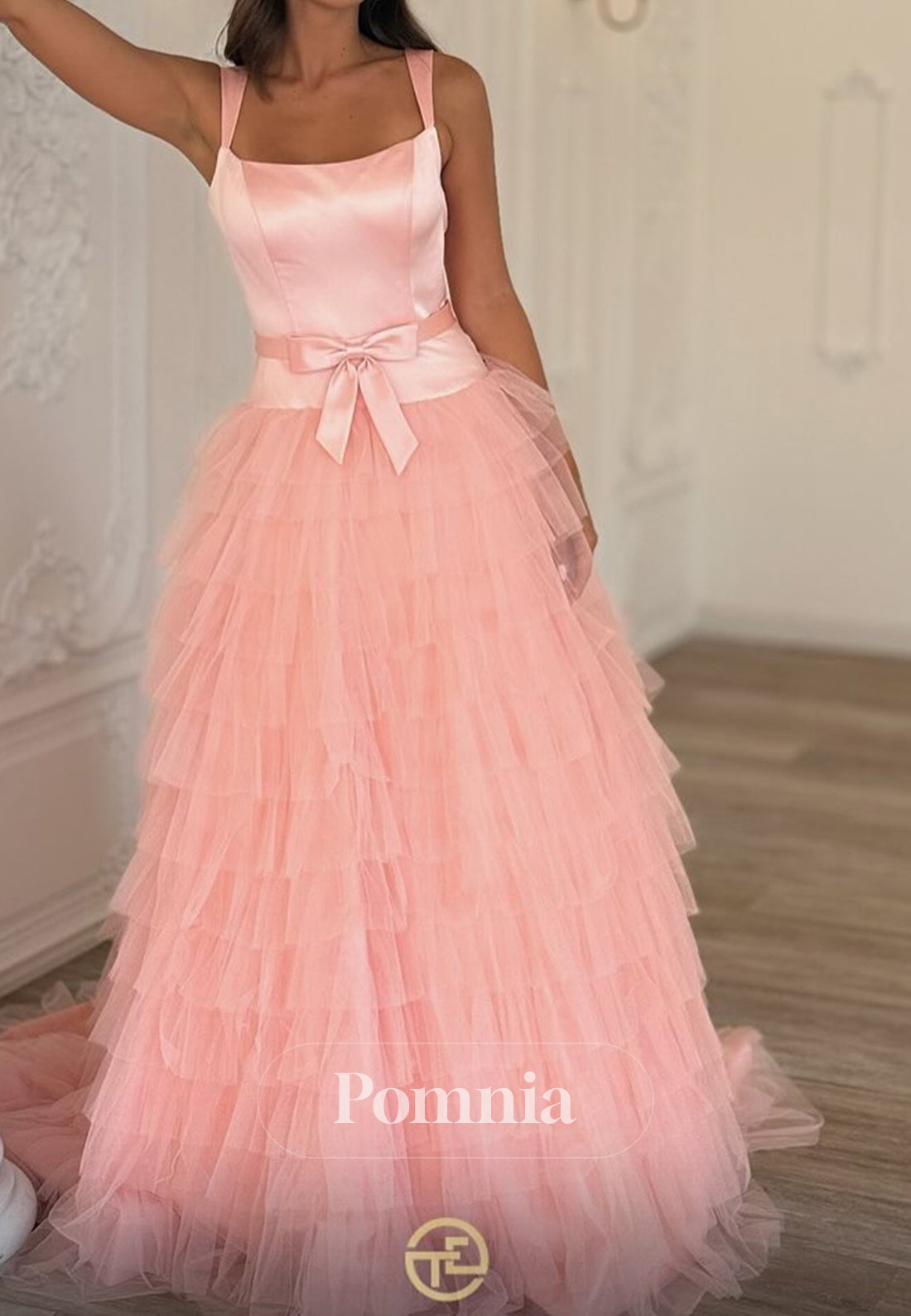 Blushing Pink Spaghetti Straps Square Lace Prom Dress