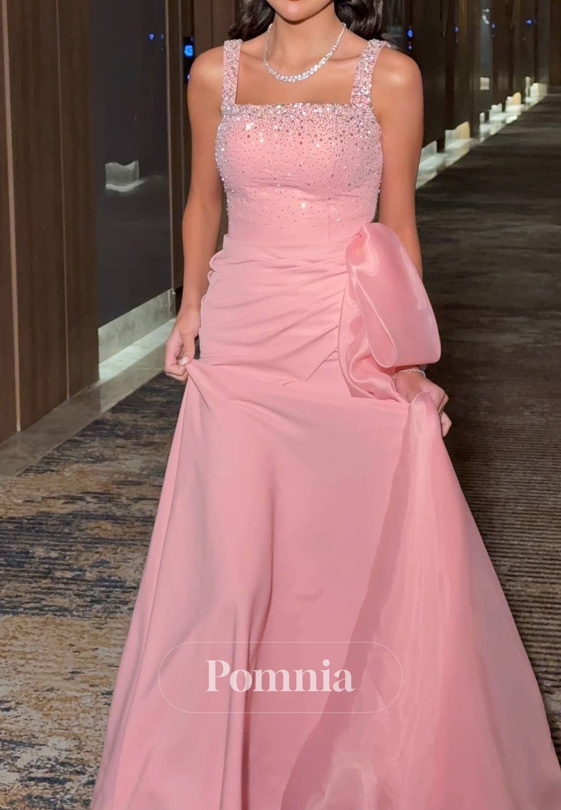 Blushing Pink Spaghetti Straps Square Sequins Evening Dress