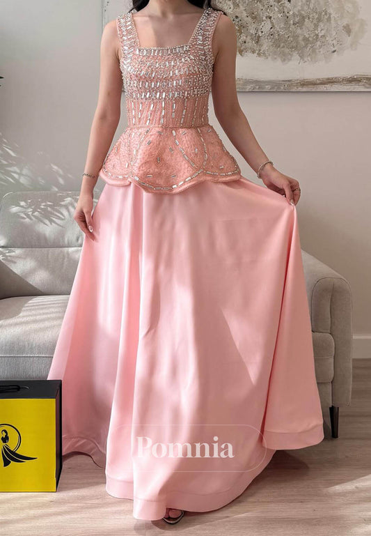 Blushing Pink Spaghetti Straps Square Sequins Prom Dress
