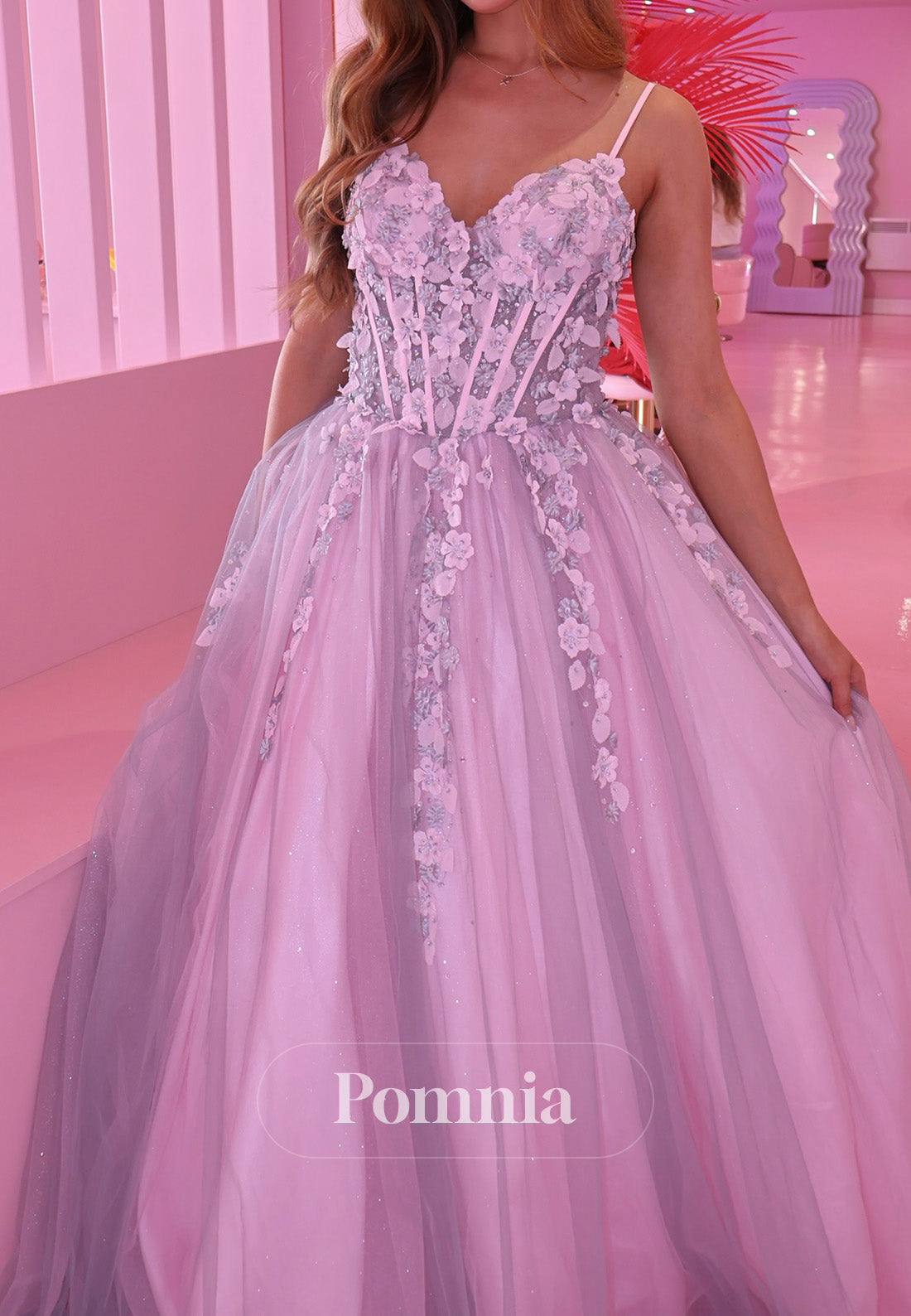 Blushing Pink Spaghetti Straps Sweetheart Appliques Lace Prom Dress