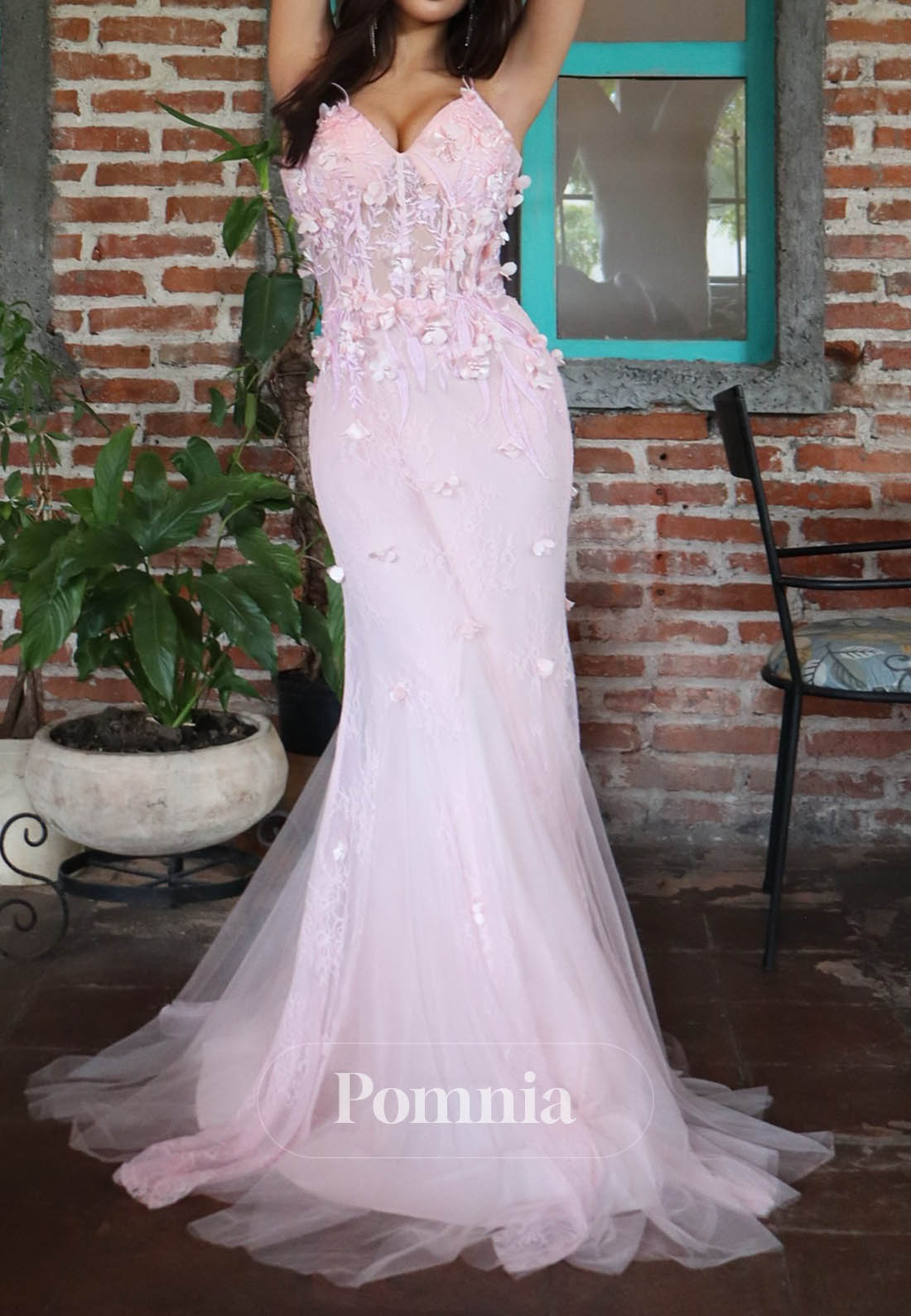 Blushing Pink Spaghetti Straps Sweetheart Lace A-Line Prom Dress