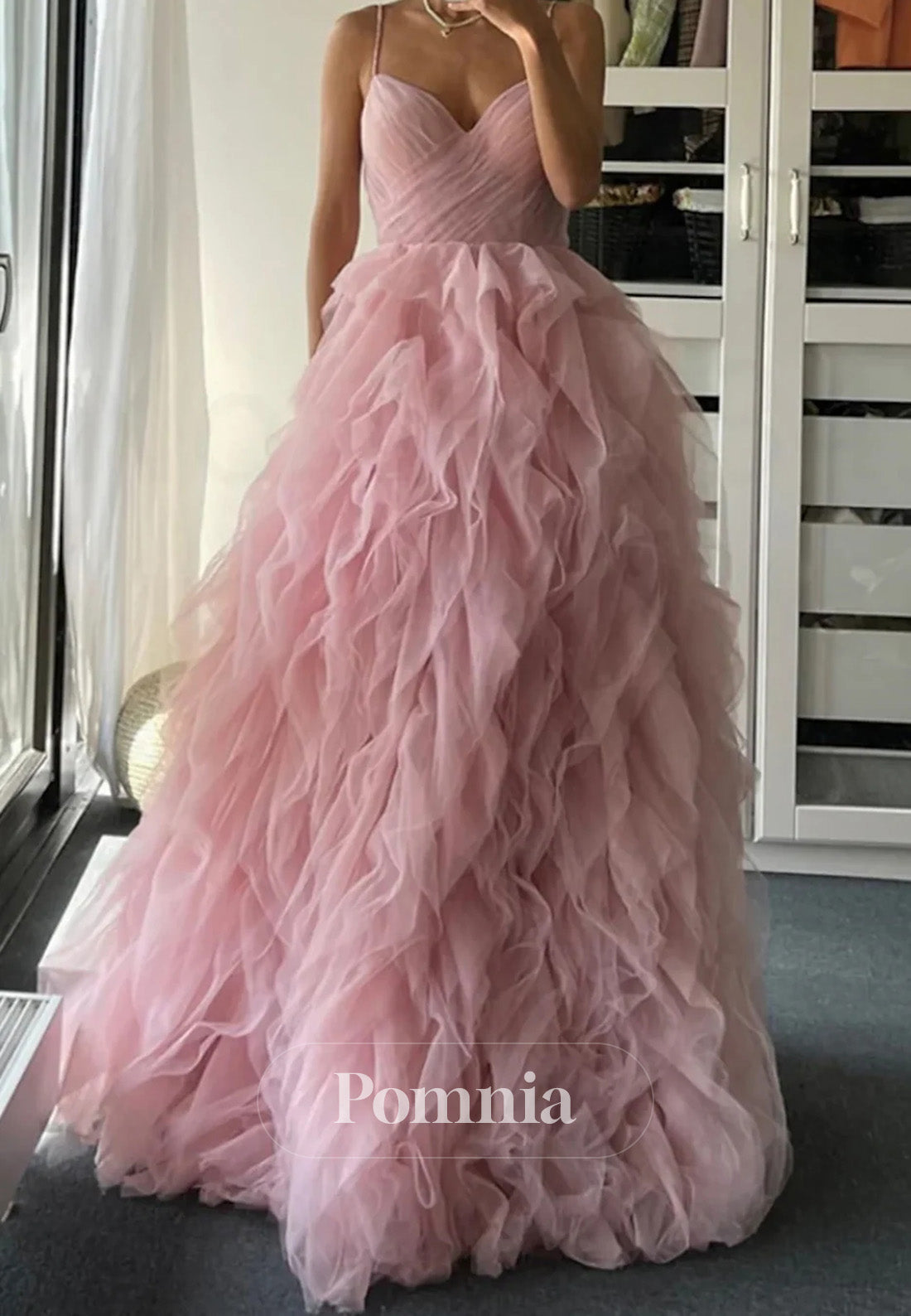 Blushing Pink Spaghetti Straps Sweetheart Ruffles Lace Prom Dress