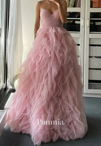Blushing Pink Spaghetti Straps Sweetheart Ruffles Lace Prom Dress