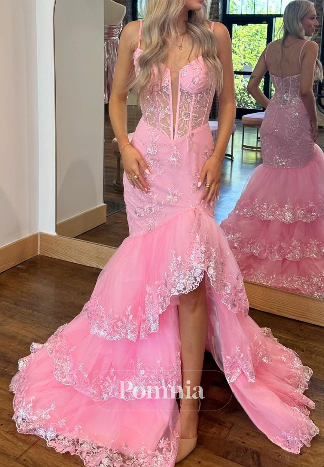 Blushing Pink Spaghetti Straps Sweetheart Ruffles Mermaid Prom Dress