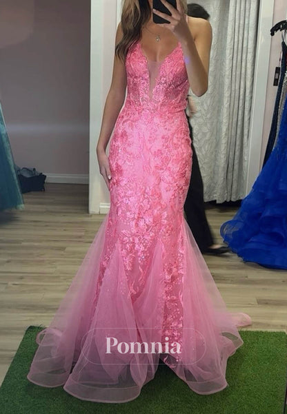 Blushing Pink Spaghetti Straps V-Neck Backless Appliques Prom Dress