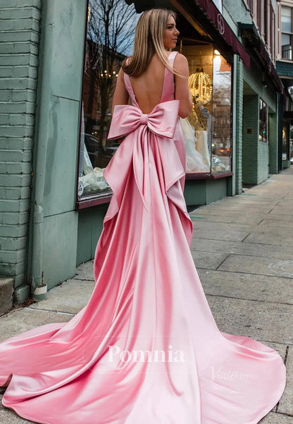 Blushing Pink Spaghetti Straps V-Neck Bowknot Prom Dress