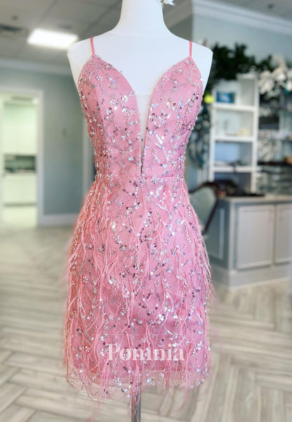 Blushing Pink Spaghetti Straps V-Neck Sequins Mini Homecoming Dress
