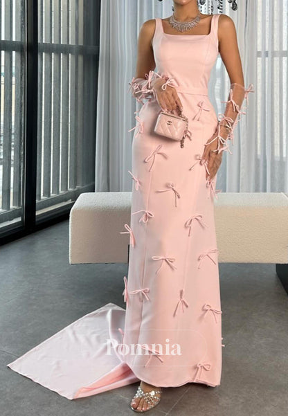 Blushing Pink Spaghettti Straps Square Bowknot Evening Dress