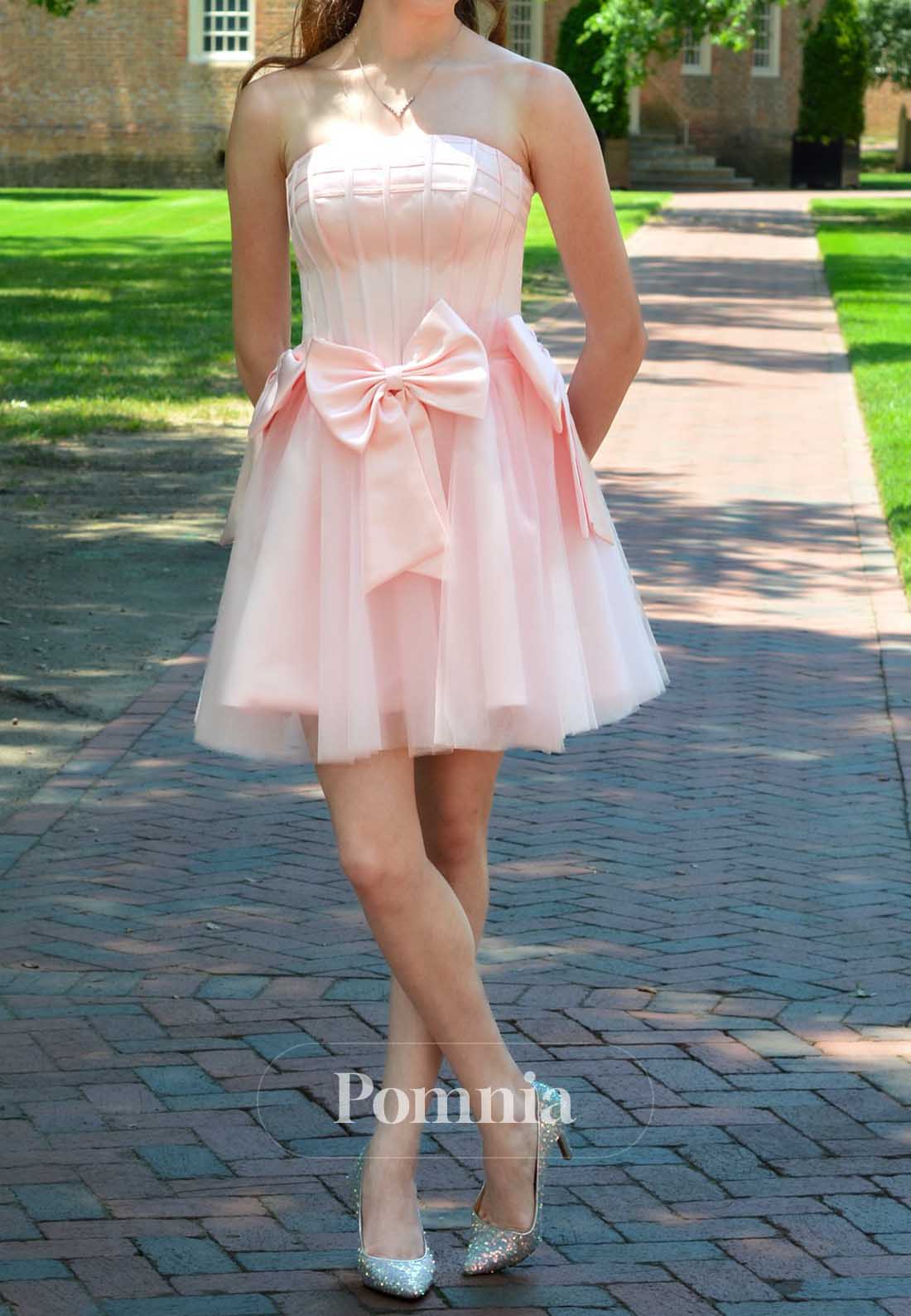 Blushing Pink Strapless Sleeveless Bowknot Homecoming Dress