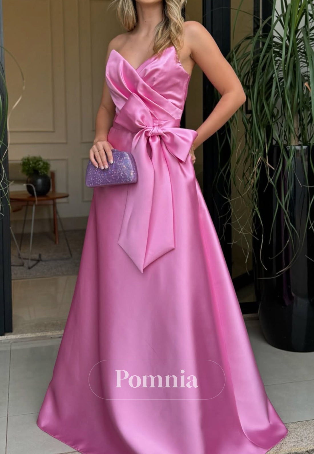 Blushing Pink Strapless Sleeveless Bowknot Ruched Evening Dress