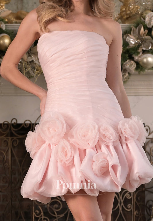 Blushing Pink Strapless Sleeveless Floral Appliques Homecoming Dress