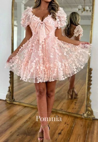 Blushing Pink Sweetheart Lace Bowknot Homecoming Dress