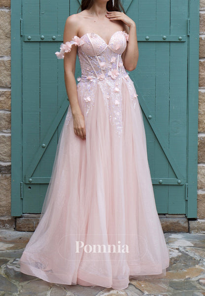 Blushing Pink Sweetheart Sleeveeless Floral Appliques Prom Dress