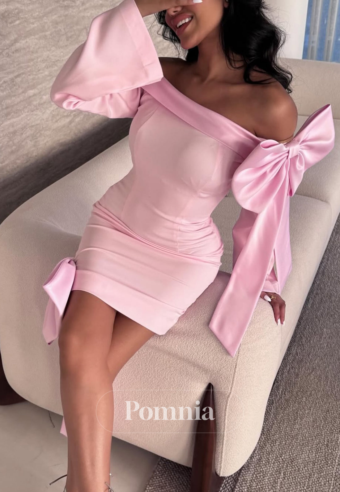 Blushing Pink Bowknot Off-Shoulder Mini Homecoming Dress
