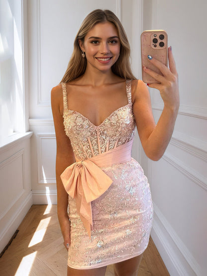 Pink Bodycon Sweetheart Lace Short Homecoming Dress with Bowknot