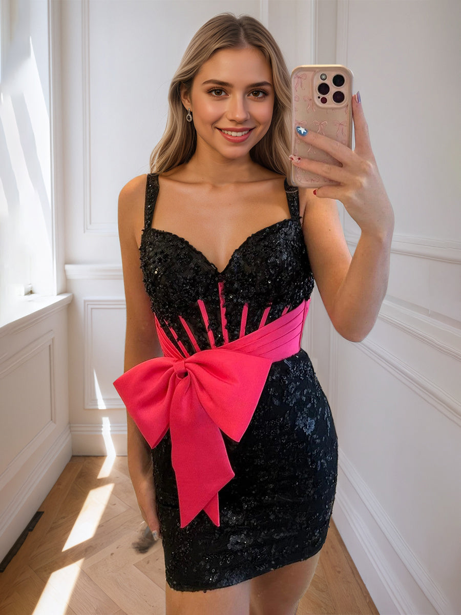 Pink Bodycon Sweetheart Lace Short Homecoming Dress with Bowknot