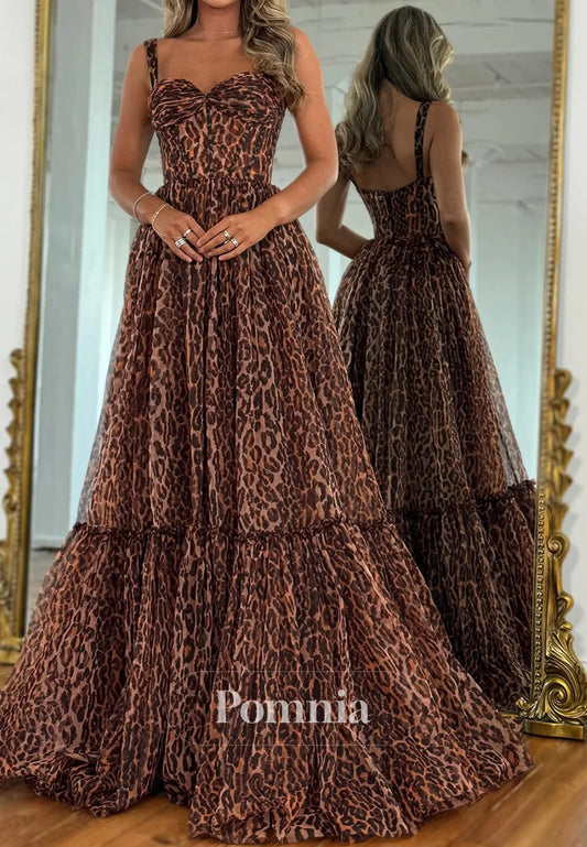 Brown Print Strappy Prom Dress with Flowing Tiered Train