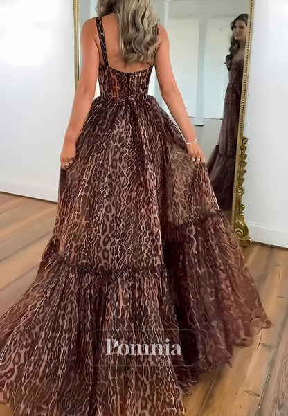 Brown Print Strappy Prom Dress with Flowing Tiered Train