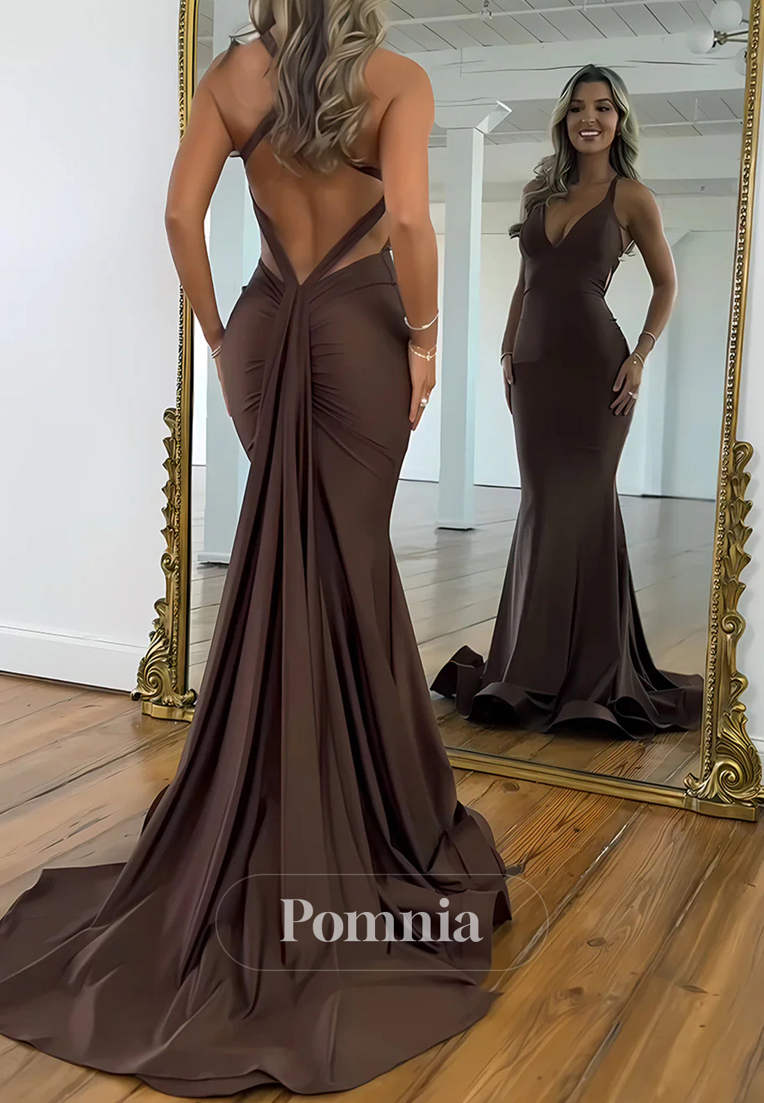 Brown V-Neck Croset Back Long Mermaid Prom Dress