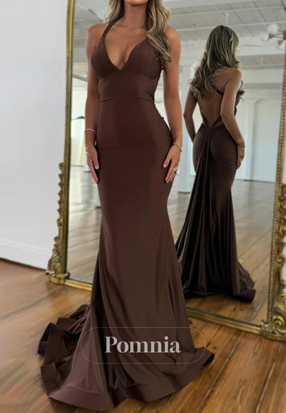 Brown V-Neck Croset Back Long Mermaid Prom Dress