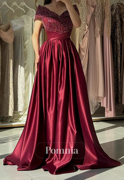 Burgundy A-Line Cap Sleeves Empire-Waist Sequins Evening Dress