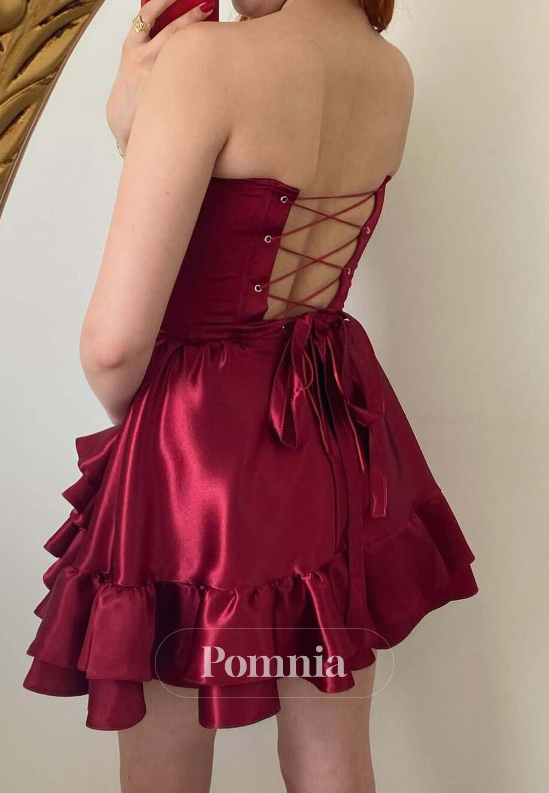 Burgundy A-Line Strapless Tiered Short Homecoming Dress