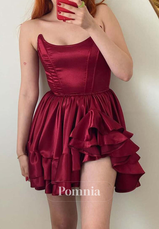 Burgundy A-Line Strapless Tiered Short Homecoming Dress