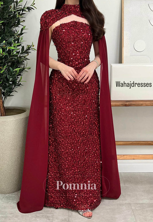 Burgundy Cape Scoop Sequins A-Line Prom Dress