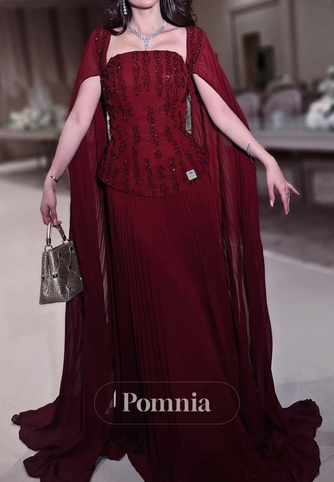 Burgundy Cape Square Appliques A-Line Evening Dress