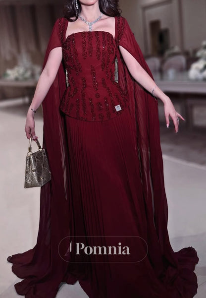 Burgundy Cape Square Appliques A-Line Evening Dress