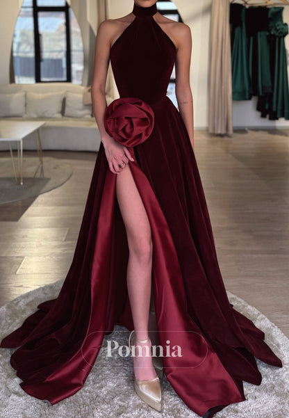 Burgundy Halter Sleeveless Floral Appliques Slit Evening Dress