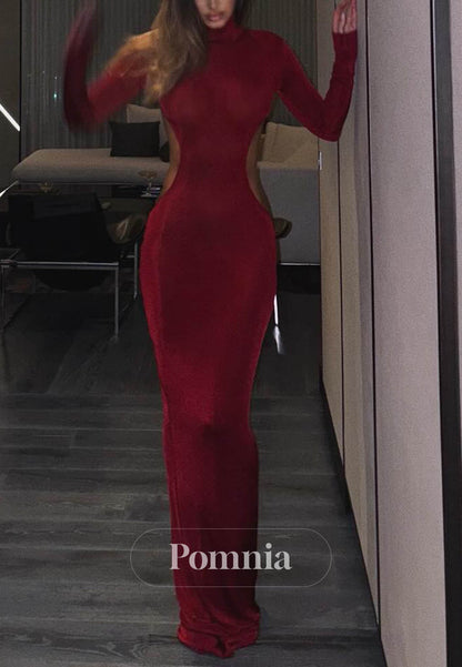 Burgundy Long Sleeves Corset Velvet Evening Dress