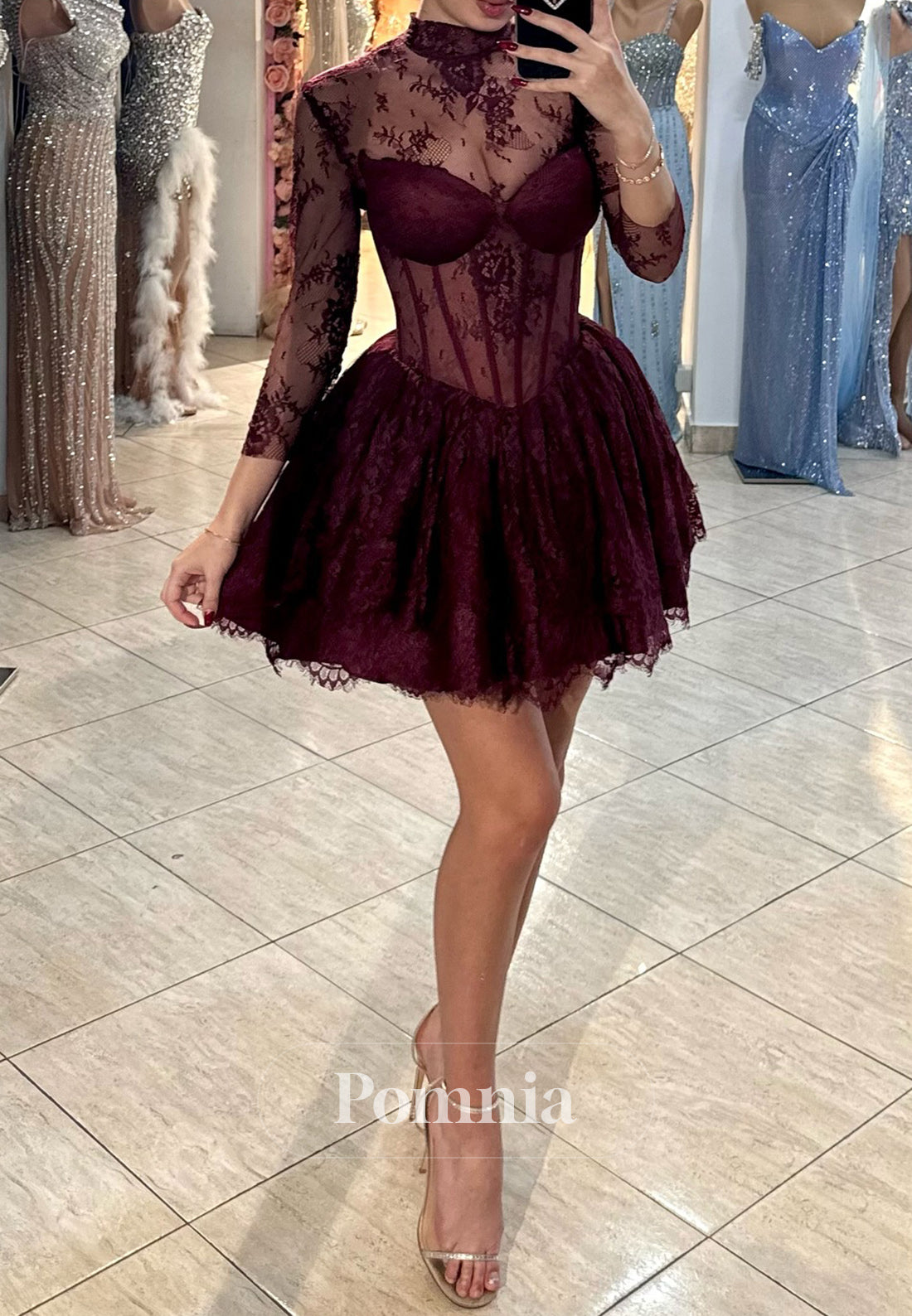 Burgundy Long Sleeves High Neck Corset Tulle Homecoming Dress