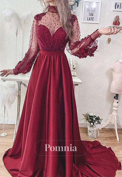 Burgundy Long Sleeves High Neck Pearls A-Line Prom Dress