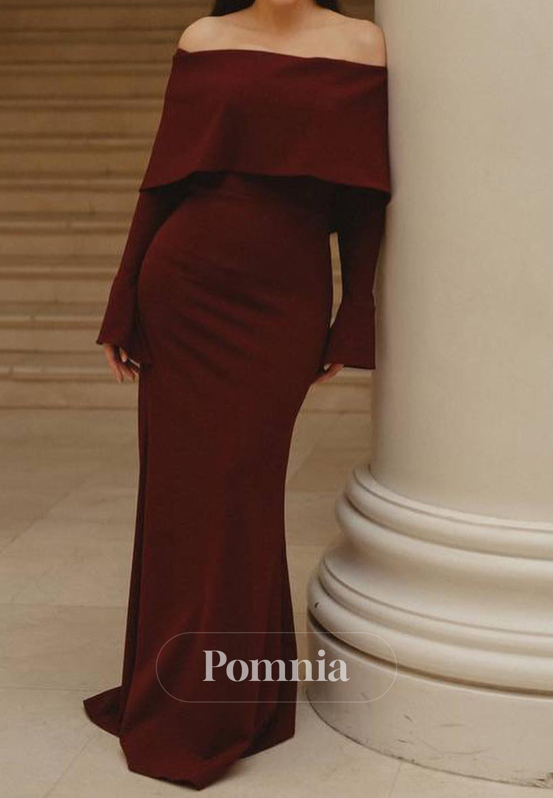 Burgundy Long Sleeves Off-Shoulder Floor-Length Evening Dress