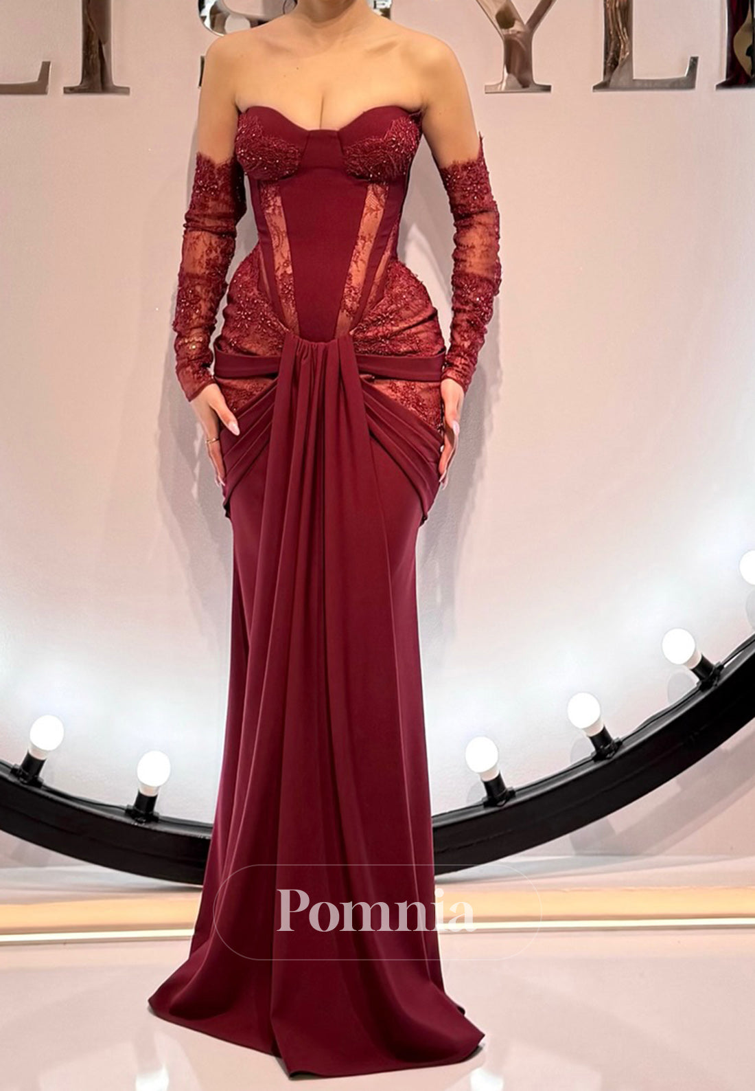 Burgundy Long Sleeves Off-Shoulder Ruched Evening Dress