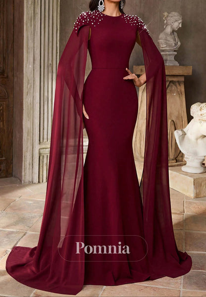 Burgundy Long Sleeves Scoop Corset Mermaid Evening Dress
