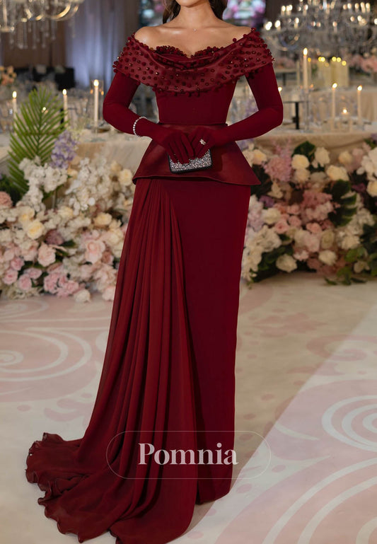 Burgundy Long Sleeves Sweetheart Sequins A-Line Prom Dress