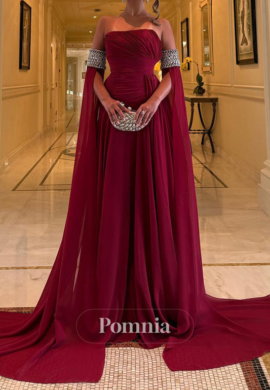 Burgundy Off-Shoulder Cap Sleeves Chiffon Evening Dress