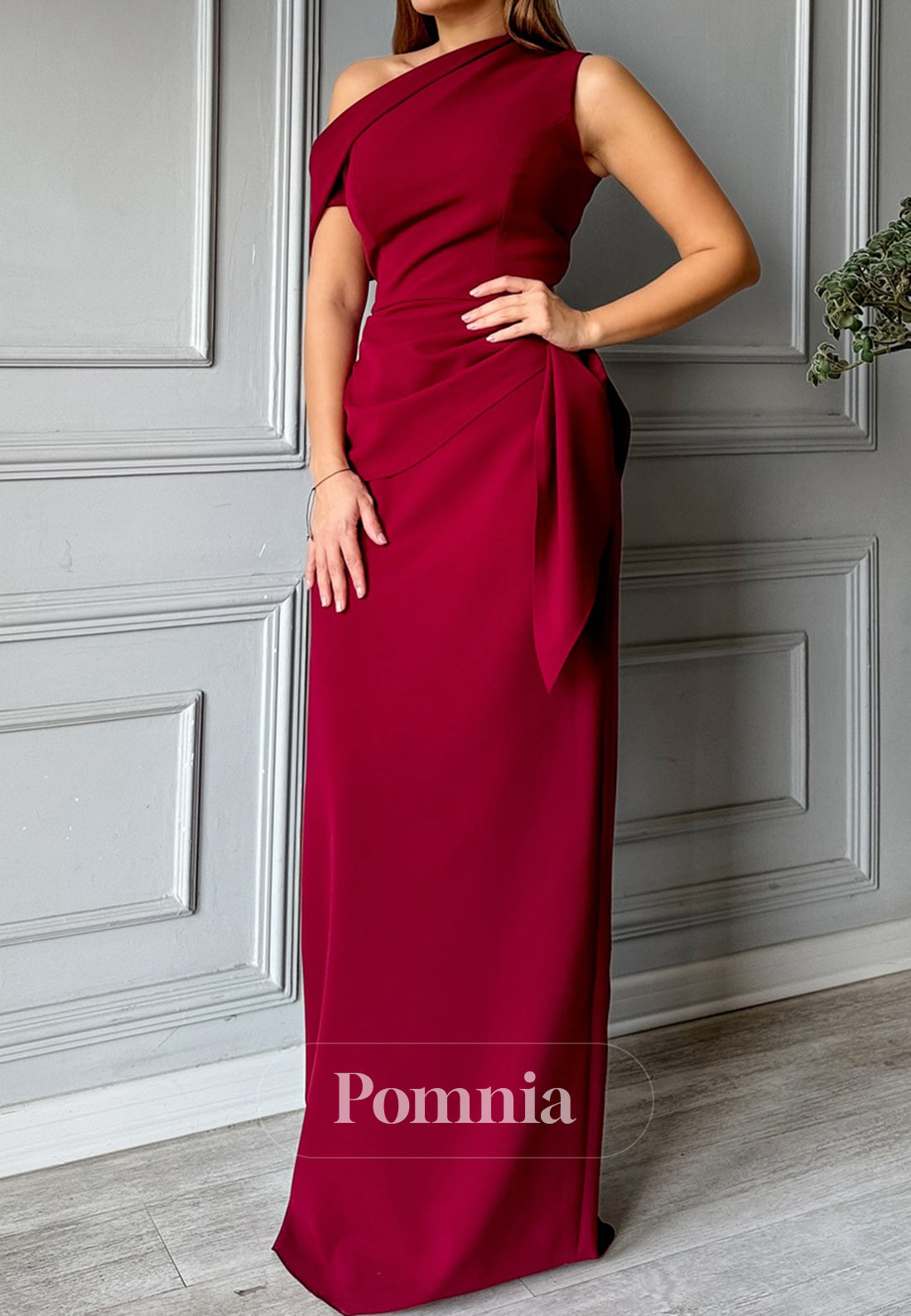 Burgundy One Shoulder Sleeveless Ruched Evening Dress