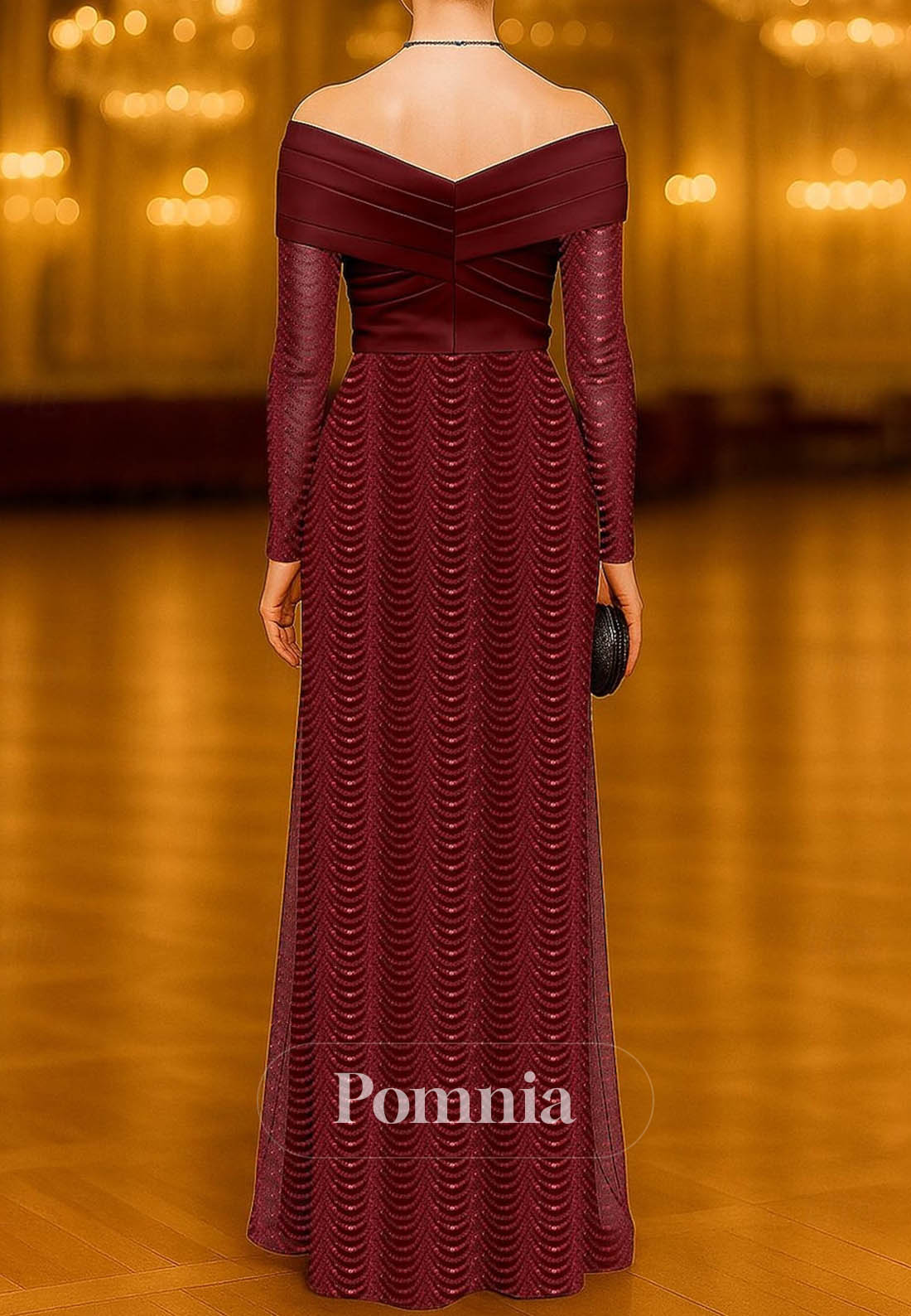 Long Sleeve Sequin Lace Stretch Satin with Pleats Appliques