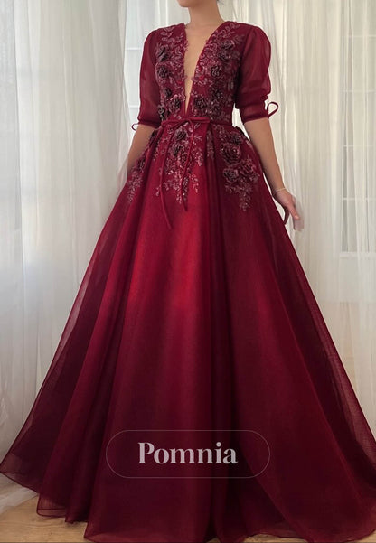 Burgundy Short Sleeves V-Neck Sequins A-Line Evening Dress