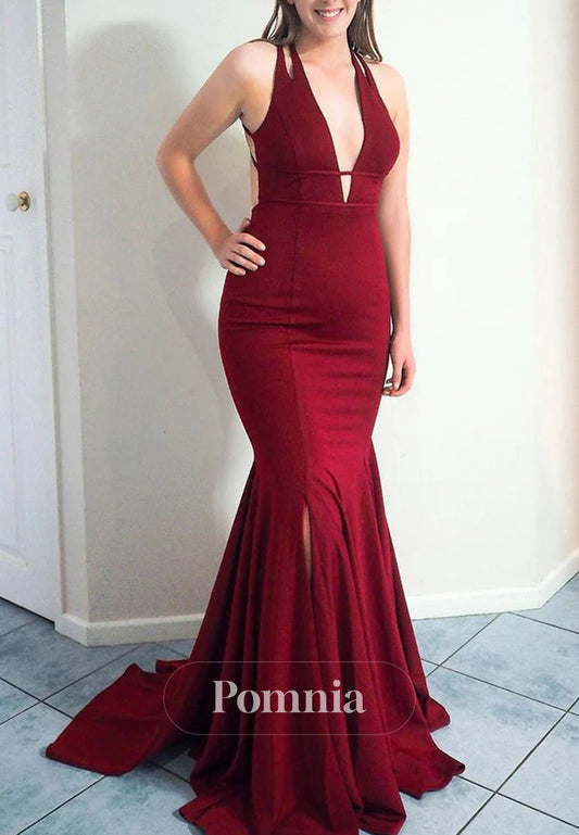 Burgundy Spaghetti Straps Sleeveless Backless Mermaid Prom Dress