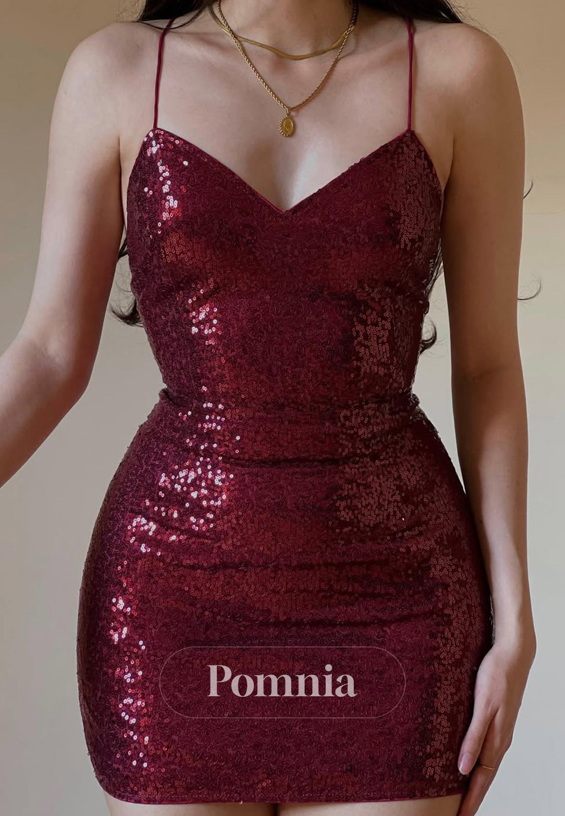 Burgundy Spaghetti Straps V-Neck Backless Homecoming Dress